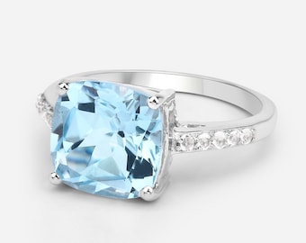 Blue Topaz Ring, Natural Sky Blue Topaz Cushion and White Topaz Bridge Ring, Sky Blue Topaz Silver Ring, December Birthstone Ring