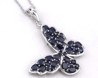 Sapphire Pendant, Genuine Midnight Blue Sapphire Sterling Silver Butterfly Pendant, Sapphire Butterfly Pendant Gift for Her