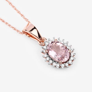 Morganite Pendant, Solid 14k Rose Gold Morganite Diamond Halo Pendant Necklace, Pink Peach Gemstone Gold Pendant, Anniversary Gift for Her