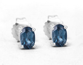 London Blue Topaz Earrings, Natural London Blue Topaz Oval Stud Silver Earrings, December Birthstone Earrings, Blue Topaz Studs for Women