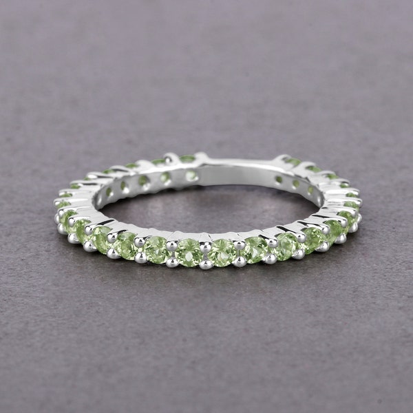 Peridot Ring, Natural Peridot Rounds Full Eternity Band Ring in .925 Sterling Silver, August Birthstone, Engagement Ring, Promise Ring