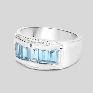 Blue Topaz Ring, Natural Blue Topaz 5 Stone Baguettes Channel Set in 925 Sterling Silver Band Ring, December Birthstone Ring, Gift for Her