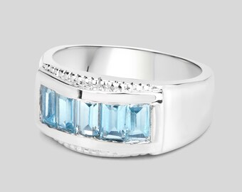 Blue Topaz Ring, Natural Blue Topaz 5 Stone Band Ring in 925 Sterling Silver, Blue Topaz Silver Ring, December Birthstone Ring, Gift for Her