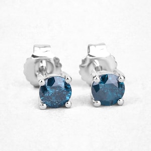 Blue Diamond Earrings, Blue Diamond Silver Stud Earrings, Silver Blue Diamond Earrings for Women, Blue Diamond Studs, April Birthstone