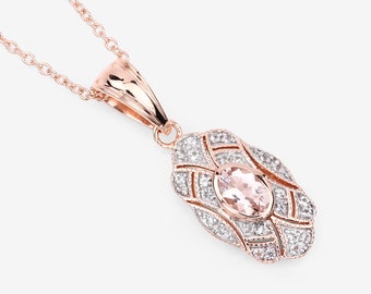 Morganite Pendant, Vintage Design Natural Morganite Rose Gold Plated Silver Pendant Necklace for Women, Bridesmaid Gift, Bridal Pendant