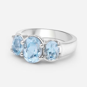 Blue Topaz Ring, 3 Stone Genuine Sky Blue Topaz Oval Ring, Sterling Silver Ring, Blue Topaz Silver Ring, December Birthstone Ring