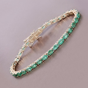 Emerald 14k Gold Bracelet, Genuine Zambian Emerald Ovals Yellow Gold Bracelet for Women, Gold Emerald Tennis Bracelet, Anniversary Gift