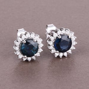 Sapphire Studs, 14k Solid White Gold Genuine Blue Sapphire and Diamond Halo Earrings, Dainty Earrings, September Birthstone, Bridesmaid Gift