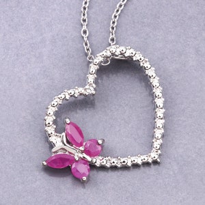 Ruby Pendant, Genuine Ruby Sterling Silver Butterfly Pendant for Women, Ruby Heart Shape Butterfly Pendant Gift for Her, July Birthstone
