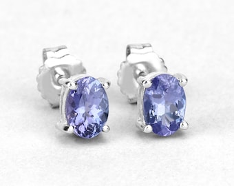 Tanzanite Earrings, Natural Tanzanite Oval Stud Earrings in .925 Sterling Silver, Silver Tanzanite Earrings, December Birthstone