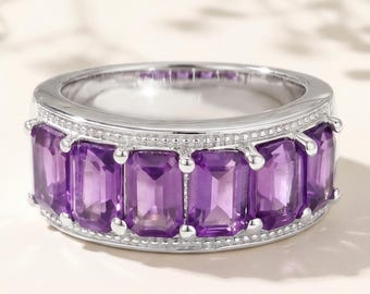 Amethyst Ring, Amethyst Silver Band Ring, Natural Amethyst Ring for Women, February Birthstone Ring