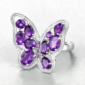 Amethyst Ring, Genuine Amethyst Sterling Silver Butterfly Ring for Women, Real Amethyst Butterfly Ring, February Birthstone Ring
