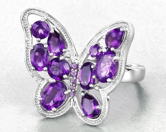 Amethyst Ring, Genuine Amethyst Sterling Silver Butterfly Ring for Women, Real Amethyst Butterfly Ring, February Birthstone Ring