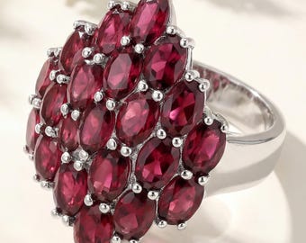 Rhodolite Garnet Ring, Natural Rhodolite Garnet Cluster Ring, Rhodolite Garnet Silver Ring, January Birthstone Ring