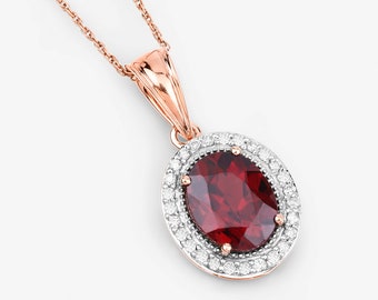 14K Rose Gold Rhodolite Garnet Pendant, Genuine Rhodolite Garnet Oval and Diamond Pendant Necklace for Women, January Birthstone Pendant