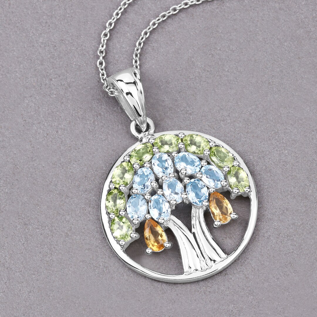 Multi-gemstone Tree of Life Pendant, Sterling Silver Genuine 
