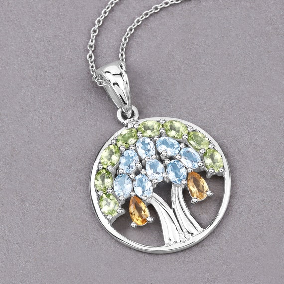 Multi-gemstone Tree of Life Pendant, Sterling Silver Genuine