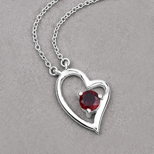 Garnet Necklace, Genuine Garnet Sterling Silver Heart Shape Pendant Necklace, Valentine Necklace, January Birthstone, Gift for Her