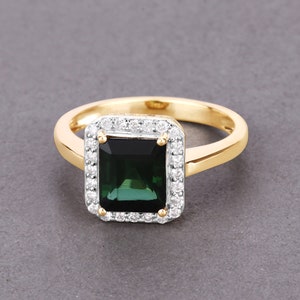 14K Gold Green Tourmaline Ring, Genuine Green Tourmaline and Diamond Yellow Gold Ring, Statement Ring, October Birthstone Ring, Wedding Ring