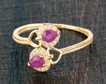 14K Gold Ruby Ring, Natural Ruby and Diamond Yellow Gold Ring, Minimalist Ring, Dainty Ruby Gold Ring, July Birthstone Ring, Promise Ring