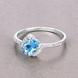14K Gold Blue Topaz Ring, Natural Swiss Blue Topaz and Diamond White Gold Ring, Minimalist Ring, Dainty Ring, December Birthstone Ring