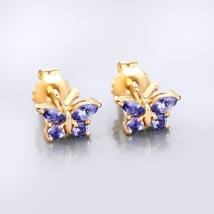 Tanzanite Earrings, Genuine Tanzanite 14K Yellow Gold Sterling Silver Butterfly Stud Earrings, Dainty Butterfly Earrings, Bridesmaid Gift