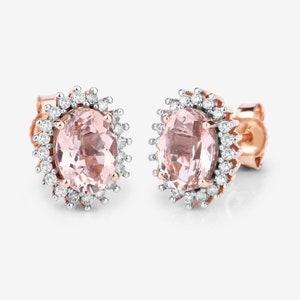 Morganite Earrings, Solid 14k Rose Gold Morganite Diamond Halo Stud Earrings for Her, Pink Peach Gemstone Gold Earring, Anniversary Gift