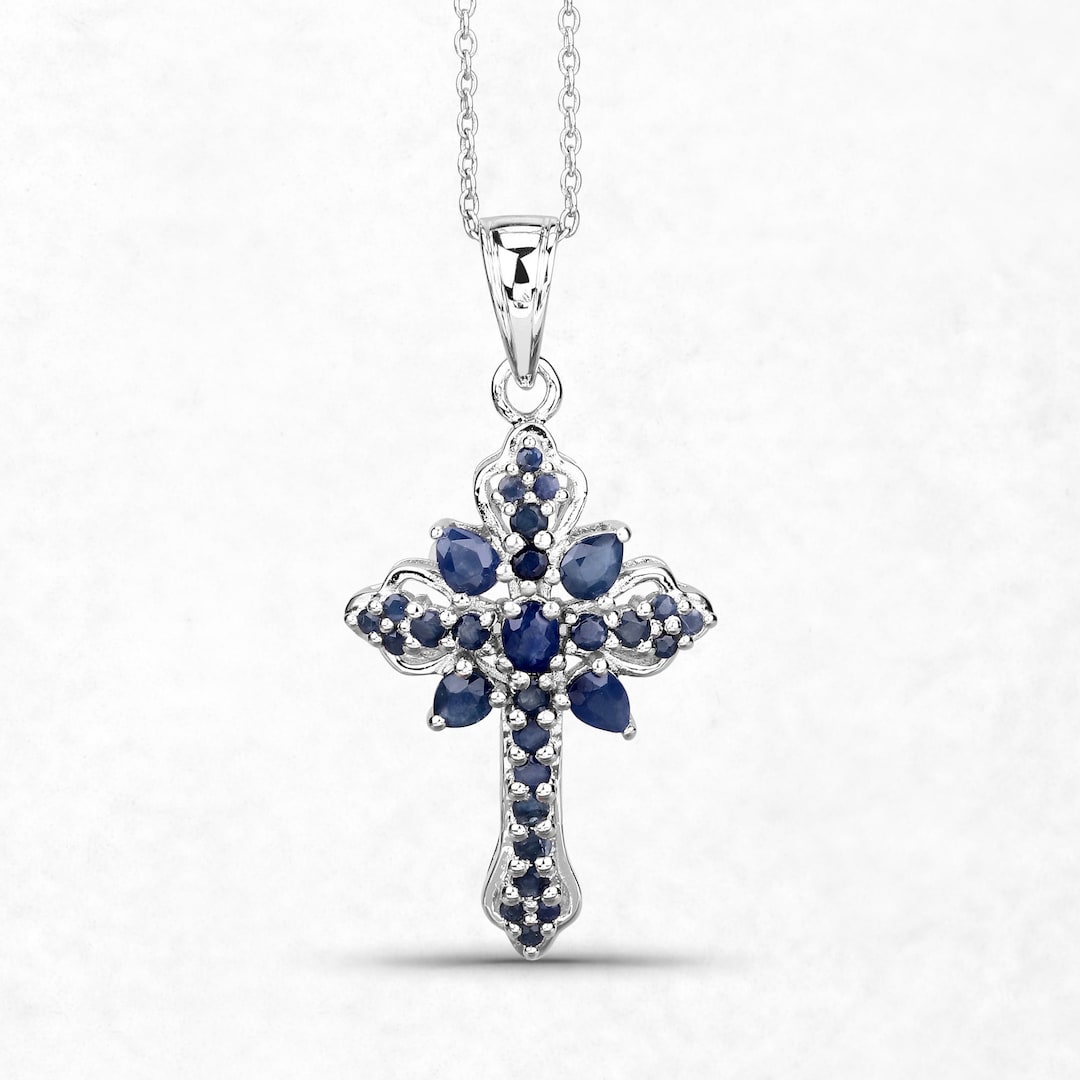 Sapphire Pendant, Natural Sapphire Cross Pendant, September