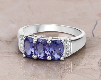 Tanzanite Ring, Real 3-Stone Tanzanite and Diamond Sterling Silver Ring, Tanzanite Cushion Silver Ring, Bridesmaid Gift, December Birthstone