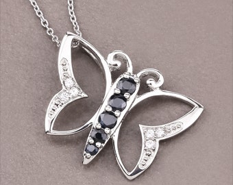 Sapphire Pendant, Genuine Midnight Blue Sapphire Sterling Silver Butterfly Pendant Necklace, Sapphire Butterfly Pendant Gift for Her