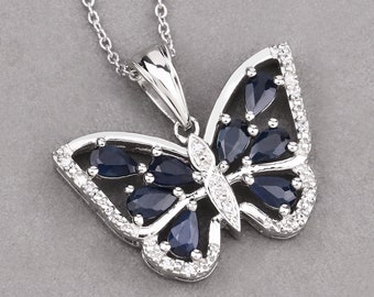 Sapphire Pendant, Genuine Midnight Blue Sapphire Sterling Silver Butterfly Pendant Necklace, Sapphire Butterfly Pendant Gift for Her