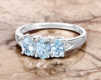 Aquamarine Ring, Classic Genuine 3-Stone Aquamarine Sterling Silver Ring for Women, Aquamarine Oval Gemstone March Birthstone Ring