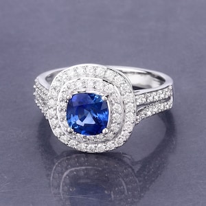 18K Gold Blue Sapphire Ring, Genuine Blue Sapphire Cushion-Cut and Diamond White Gold Ring, Sapphire Engagement Ring, September Birthstone