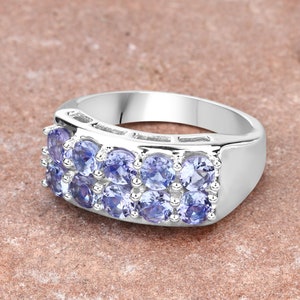 Tanzanite Ring, Real Tanzanite Cluster Ring in .925 Sterling Silver with Rhodium Plating, for Women, December Birthstone