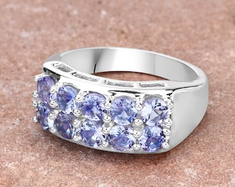 Tanzanite Ring, Real Tanzanite Cluster Ring in .925 Sterling Silver with Rhodium Plating, for Women, December Birthstone
