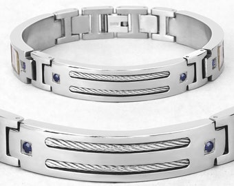 Bracelet en titane pour homme, Bracelet en titane pour homme avec incrustation en acier plaqué argent, 0,48 carat. Saphirs bleus naturels ronds, bracelets pour homme