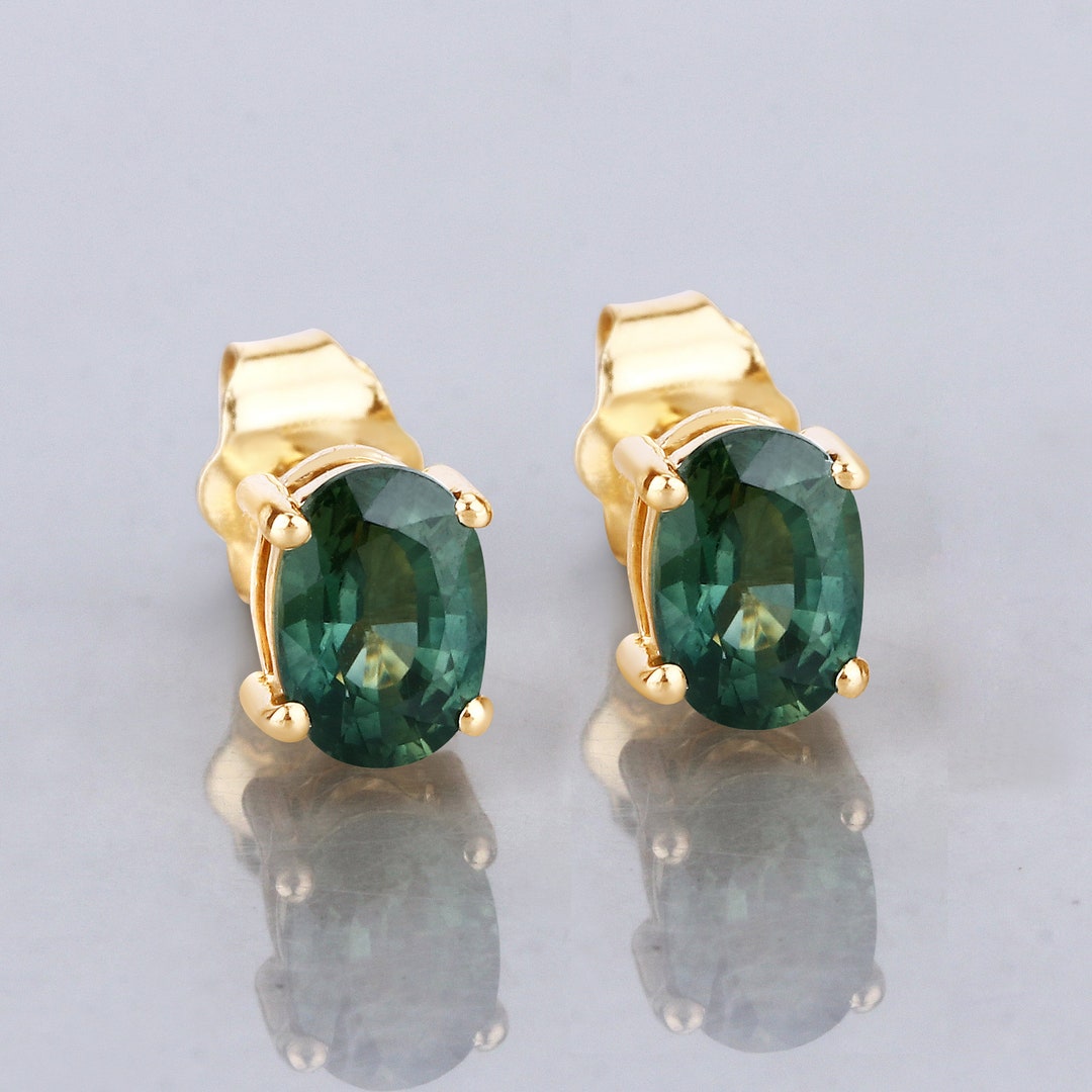 14K Gold Green Sapphire Earrings, Genuine Green Sapphire Oval Solid ...