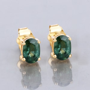 14K Gold Green Sapphire Earrings, Genuine Green Sapphire Oval Solid Yellow Gold Stud Earring, September Birthstone, Dainty Sapphire Earrings