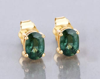 14K Gold Green Sapphire Earrings, Genuine Green Sapphire Oval Solid Yellow Gold Stud Earring, September Birthstone, Dainty Sapphire Earrings