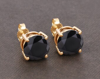 14k Gold Black Diamond Earrings, Real Black Diamond Rounds Stud Earrings 14k Yellow Gold for Women, Diamond Studs, April Birthstone Earrings