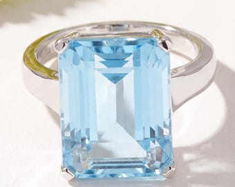 Sky Blue Topaz Ring, Real Blue Topaz Octagon Silver Solitaire Ring, Natural Blue Topaz Ring for Women, December Birthstone Ring