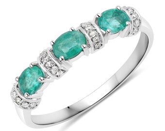 14K White Gold, Natural 3-Stone Emerald Ring, Emerald Engagement Ring, Gold Emerald Ring, Emerald & Diamond Ring, May Birthstone Ring