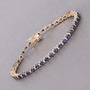 14k Gold Sapphire Bracelet, Genuine Blue Sapphire Rounds and Diamond Gold Bracelet for Women, Blue Sapphire Diamond Tennis Bracelet Gift