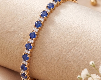 14k Gold Sapphire Bracelet, Genuine Blue Sapphire Rounds and Diamond Gold Bracelet for Women, Blue Sapphire Diamond Tennis Bracelet Gift