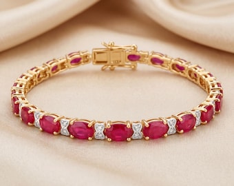 14k Gold Ruby Bracelet, Genuine Ruby Ovals and Diamond Gold Bracelet for Women, 14k Solid Yellow Gold Ruby Tennis Bracelet, July Birthstone