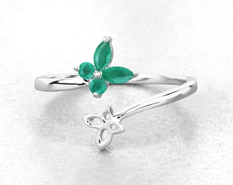 Emerald Ring, Genuine Emerald Sterling Silver Butterfly Ring, Emerald Butterfly Ring, Bypass Ring, Gift for Her, May Birthstone Ring