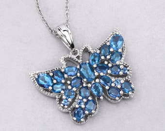 London Blue Topaz Pendant, Sterling Silver Natural London Blue Topaz Butterfly Pendant Necklace for Women, December Birthstone, Gift for Mom