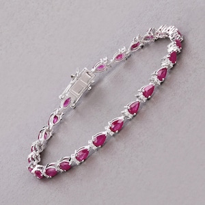 14k Gold Ruby Tennis Bracelet, Ruby Tennis Bracelet, July Birthstone Bracelet, Genuine Ruby and Diamond White Gold Bracelet for Women