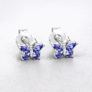 Tanzanite Earrings, Genuine Tanzanite Sterling Silver Stud Butterfly Earrings, Dainty Butterfly Tanzanite Earrings, Bridesmaid Gift