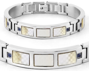 Bracelet homme en titane, Bracelet homme en titane avec incrustation en acier plaqué argent, 0,48 carat. Rondes de saphir bleu naturel, cadeau pour la fête des pères